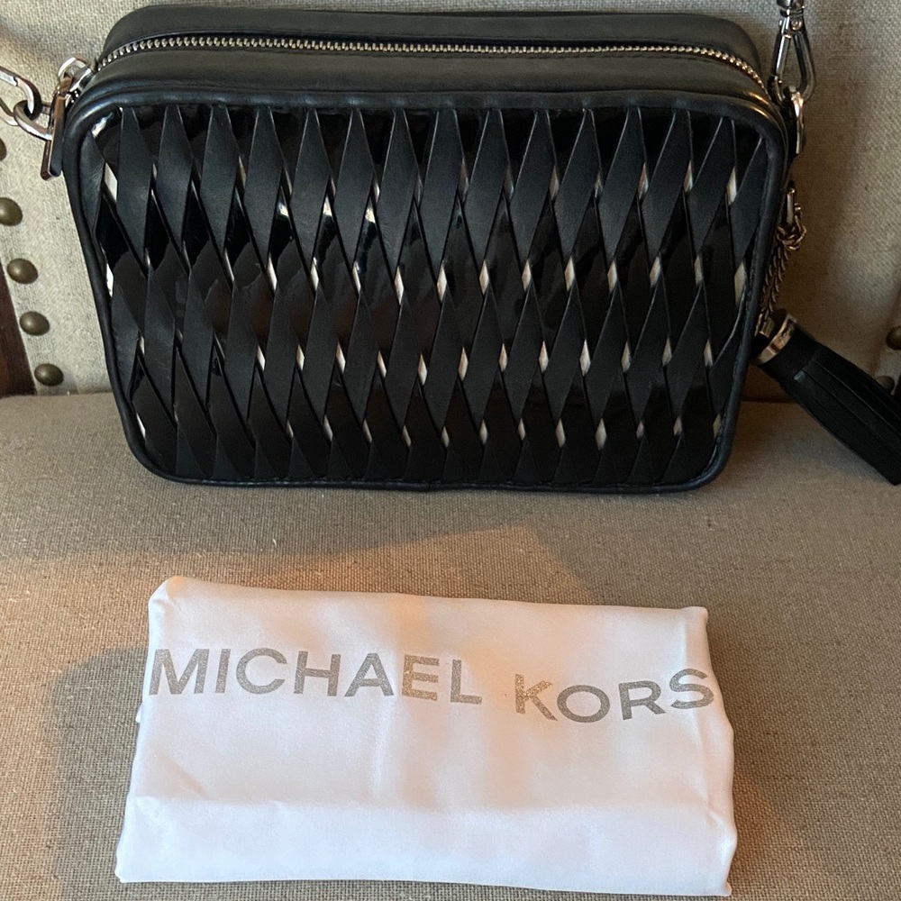 Michael Kors Black & Silver Woven Leather Crossbody with Black Leather Strap.